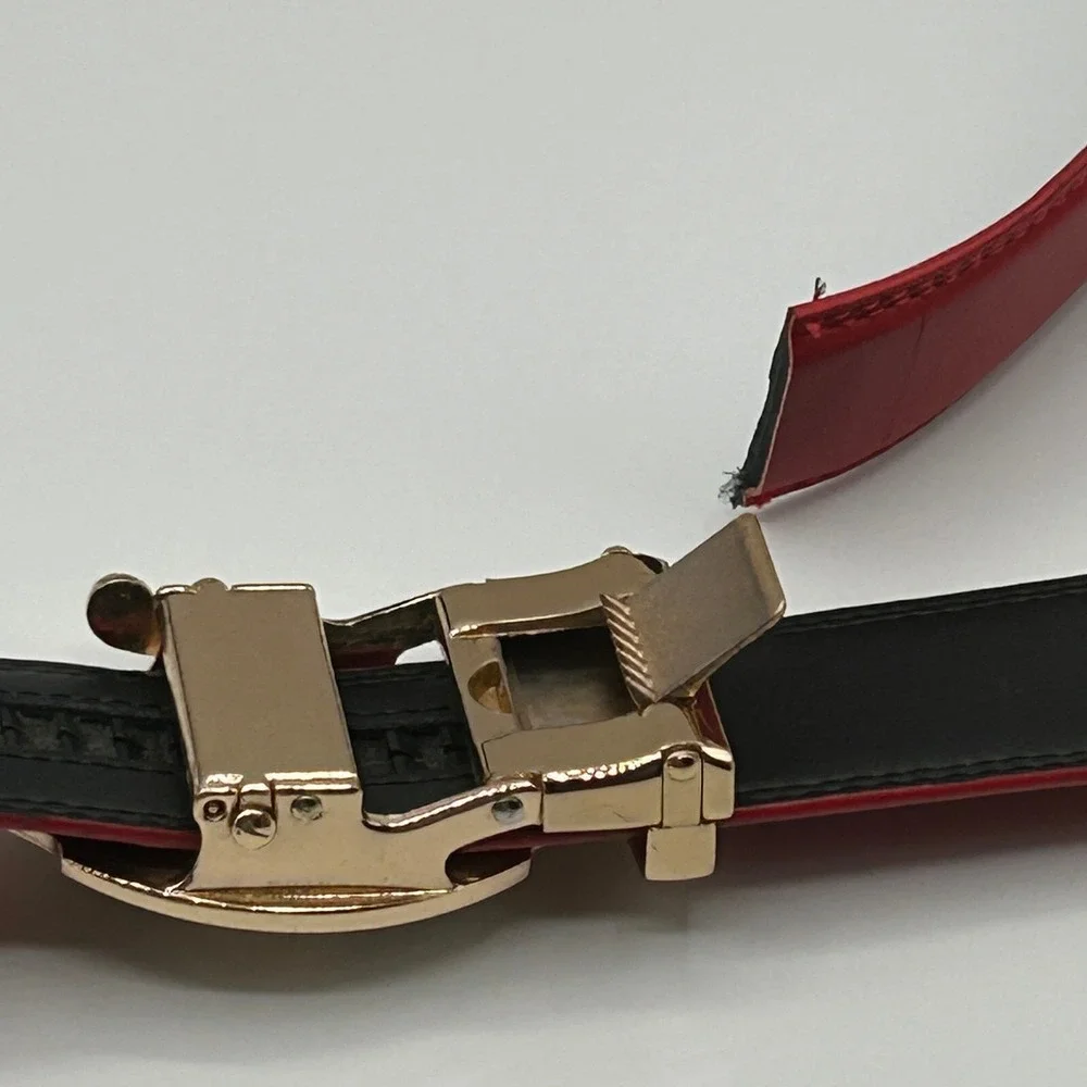 Mens Red Genuine Leather Automatic Ratchet Belt Gold Lion Head Buckle Luxury